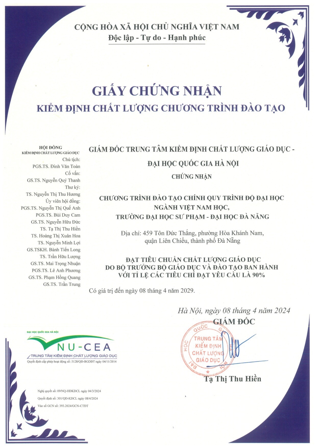 Chương trình đào tạo ngành Việt Nam học, Khoa Lịch sử, Trường Đại học Sư phạm - Đại học Đà Nẵng được cấp Giấy chứng nhận Kiểm định chất lượng giáo dục